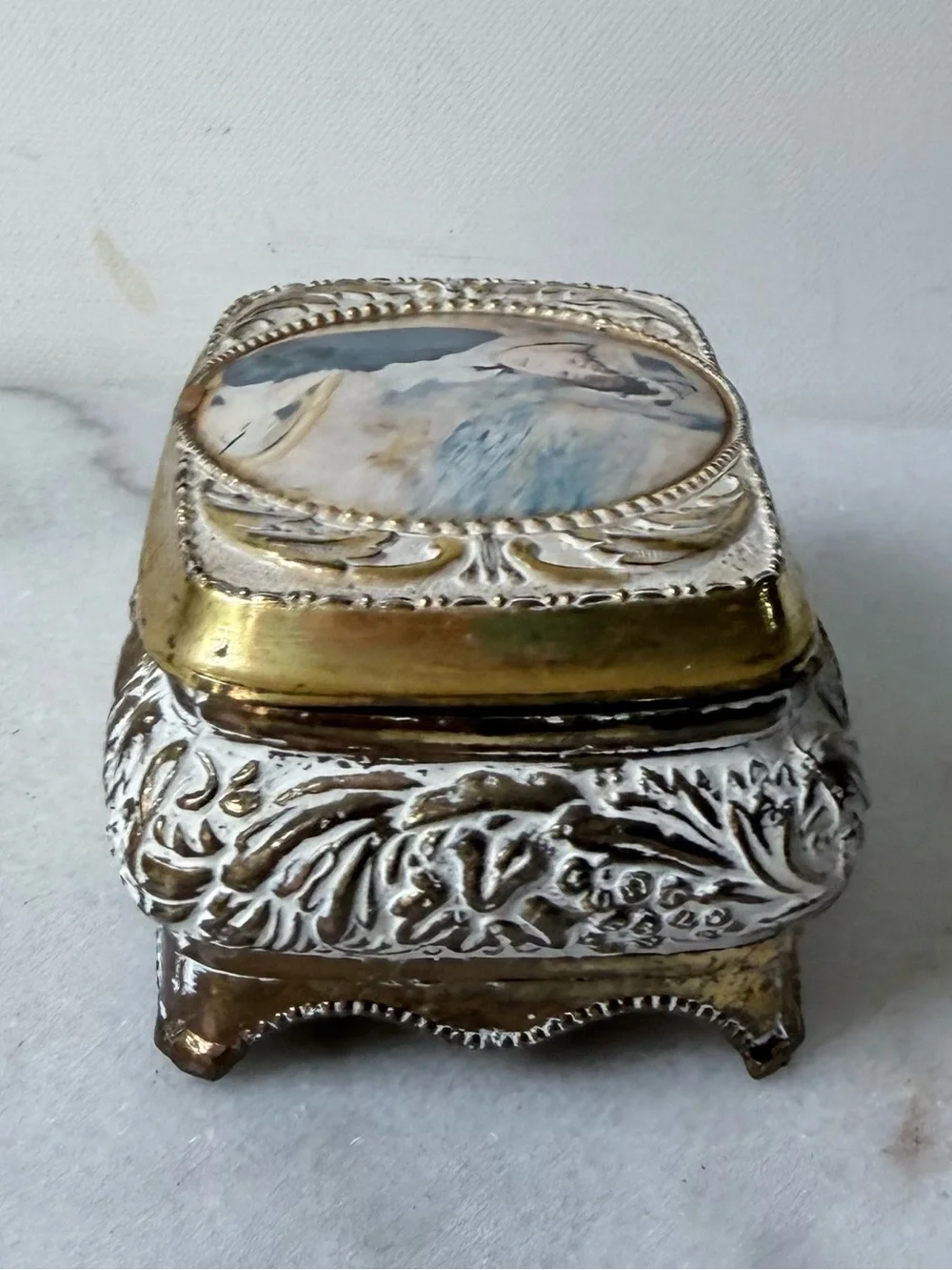 vintage jewelry box is a Victorian Girl Trinket Box a gold metal frame